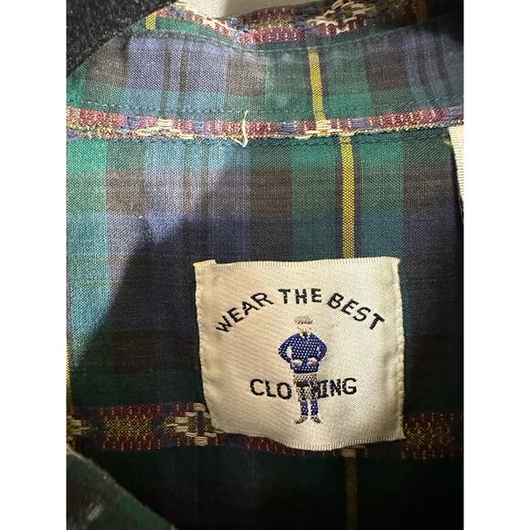 Vintage Shirt Mens Large Blue Plaid Aztec Button Elbow Patch Western Green - Picture 2 of 10